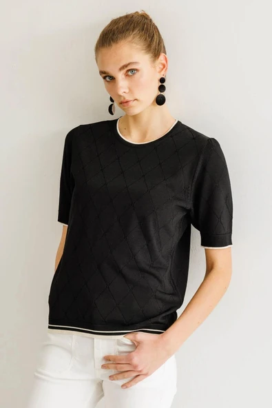 25356 DESEN TLL SY BAKLAVA DESENLİ K.KOL YAKASI, KOL UCU VE ETEĞİ ÇİZGİLİ RAYON BLUZ - Resim 10