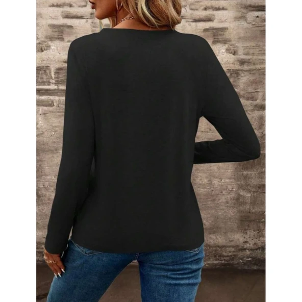 Lucky Life Kadın  Uzun Kollu Cepli V Yakalı Viskon Iki Iplik Bluz ürün görseli 1