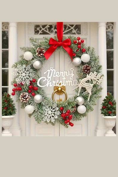 Noel Geyiği & Kar Tanesi Temalı Çilek Çelenk – Ev, Kafe, Butik ve Kapı Dekoru İçin Şık Tasarım | Pencere & Sergi Alanlarına Bayram Şıklığı | Mevsimsel Dekor ve Özel Hediye Seçeneği ürün görseli