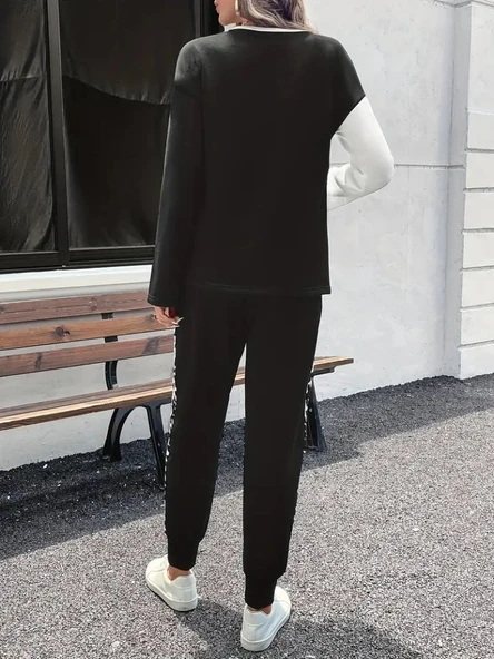 Lucky Life Kadın  Uzun Kollu Bisiklet Yaka çift Renkli Viskon Iki Iplik Bluz Ve Pantolon Ikili Takım - Resim 4