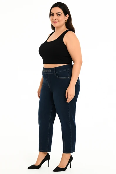 Büyük Beden Lastikli Yüksek Belli Likralı Geniş Kalıp Mom Kadın Taşlı Kot Pantolon - Resim 8