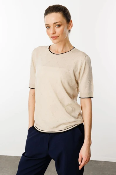 25356 DESEN TLL SY BAKLAVA DESENLİ K.KOL YAKASI, KOL UCU VE ETEĞİ ÇİZGİLİ RAYON BLUZ - Resim 12