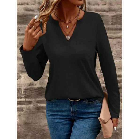 Lucky Life Kadın  Uzun Kollu Cepli V Yakalı Viskon Iki Iplik Bluz - Resim 3