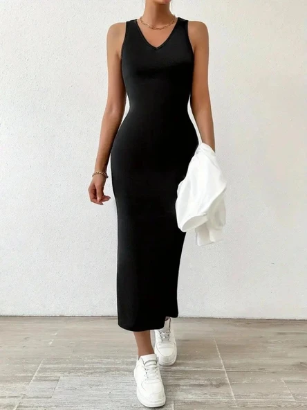 MDB Kadın Askılı Yuvarlak Yaka Viskon Iki Iplik Elbise Ve V Yakalı Bluz Ikili Takım - Resim 3