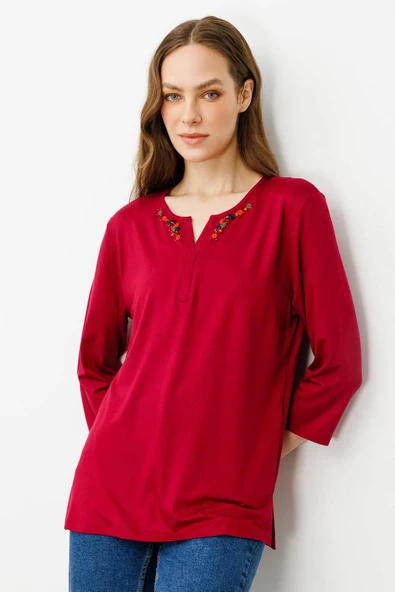 25704 DESEN DMR YAKASI EL NAKIŞ İŞLEMELİ SIFIR PATLI YAKA TRUVAKAR KOL BLUZ - Resim 6