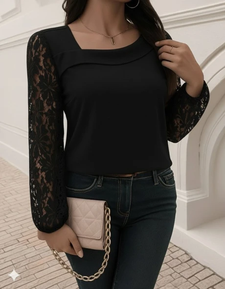 Lucky Life Kadın Uzun Kollu Asimetrik Yakalı Dantelli Ithal Krep Bluz - Resim 4