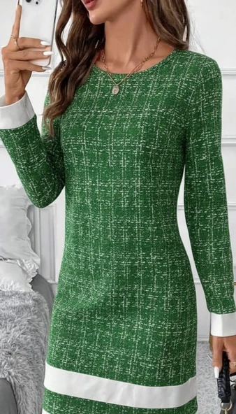 Lucky Life Kadın  Uzun Kollu Yuvarlak Yaka Etek Ucu şerit Detaylı Mini Dokuma Elbise ürün görseli 1