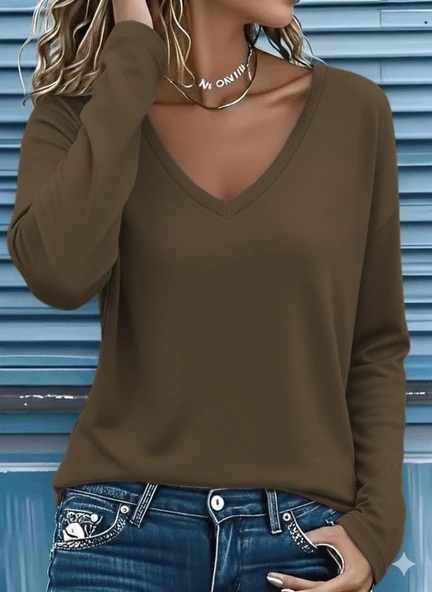 Lucky Life Kadın  Uzun Kollu V Yakalı Viskon Iki Iplik Bluz - Resim 2
