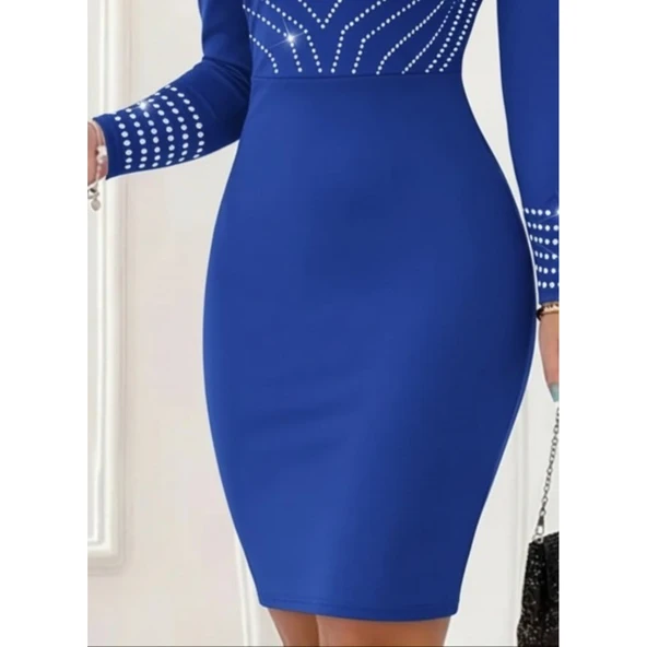 Lucky Life Kadın Uzun Kollu V Yakalı Taşlı Mini Ithal Krep Elbise - Resim 3