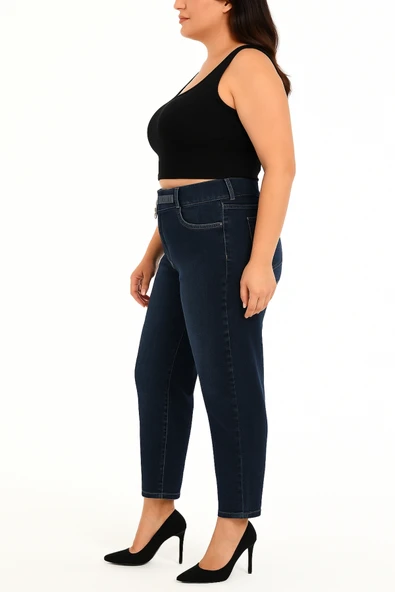 Büyük Beden Lastikli Yüksek Belli Likralı Geniş Kalıp Mom Kadın Taşlı Kot Pantolon - Resim 6