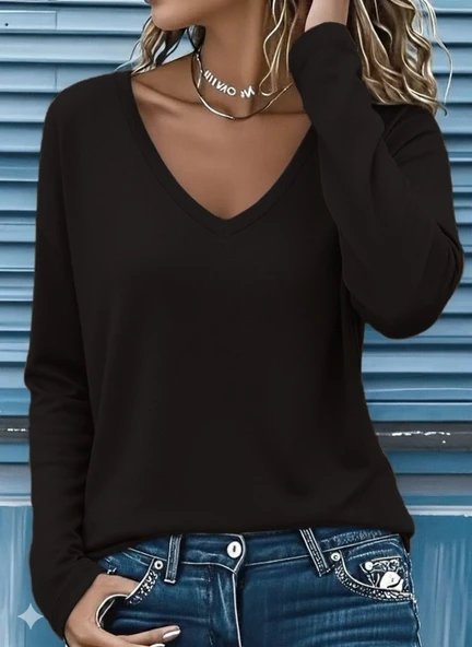 Lucky Life Kadın  Uzun Kollu V Yakalı Viskon Iki Iplik Bluz - Resim 4