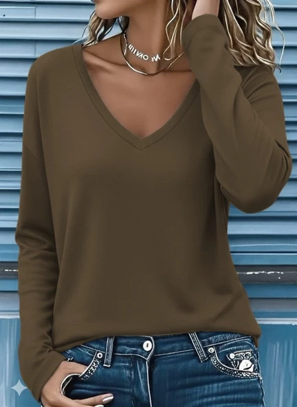 Lucky Life Kadın  Uzun Kollu V Yakalı Viskon Iki Iplik Bluz - Resim 4