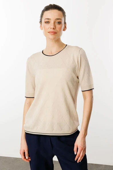 25356 DESEN TLL SY BAKLAVA DESENLİ K.KOL YAKASI, KOL UCU VE ETEĞİ ÇİZGİLİ RAYON BLUZ - Resim 8