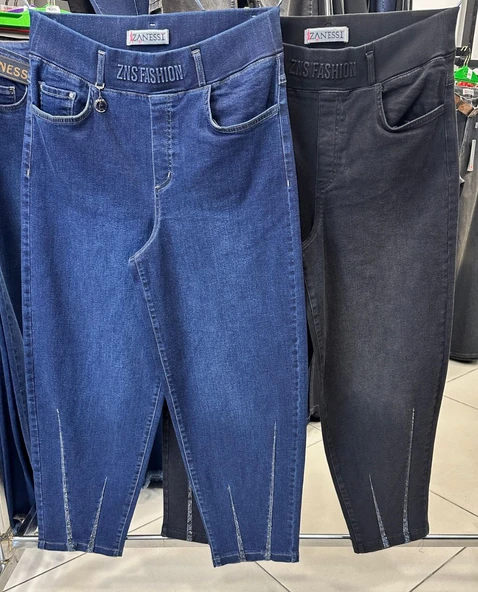 Büyük Beden Lastikli Yüksek Belli Likralı Geniş Kalıp Mom Kadın Taşlı Kot Pantolon - Resim 12