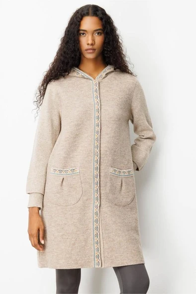 25019 DESEN TRİKO BANTLARI JAKARLI ÖNÜ KEÇE KAPŞONLU ÇITÇITLI UZUN KABAN - Resim 8