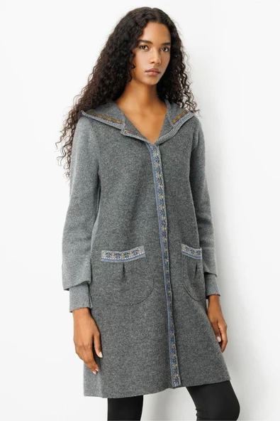 25019 DESEN TRİKO BANTLARI JAKARLI ÖNÜ KEÇE KAPŞONLU ÇITÇITLI UZUN KABAN - Resim 12