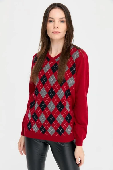 24034 DESEN V YAKA BAKLAVALI YÜN TRİKO KAZAK - Resim 7