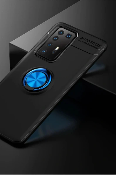 LitaeTrend Huawei P40 Pro Kılıf Range Yüzüklü Silikon - Siyah-Mavi - Resim 3