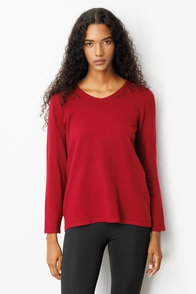 25090 DESEN V YAKA OMUZLARI BONCUK İŞLEMELİ TRİKO BLUZ - Resim 5