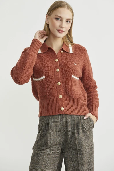 Polo Yaka Düğmeli Triko Hırka - Taba - Resim 5