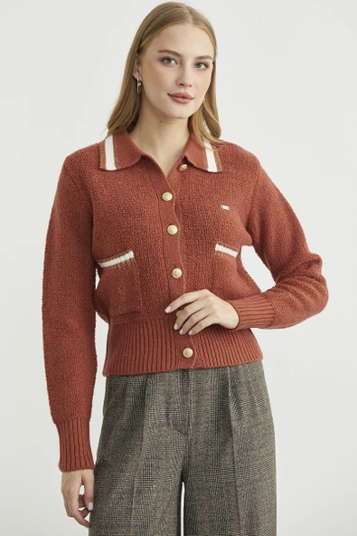 Polo Yaka Düğmeli Triko Hırka - Taba ürün görseli