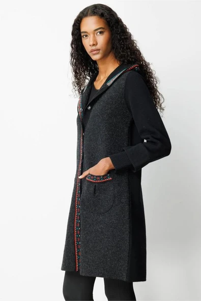 25019 DESEN TRİKO BANTLARI JAKARLI ÖNÜ KEÇE KAPŞONLU ÇITÇITLI UZUN KABAN - Resim 11