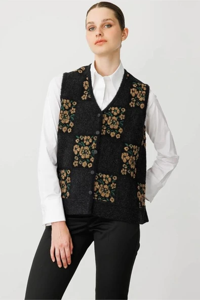 24084 DESEN TRİKO PITIRCIK ÇİÇEKLİ PATCHWORK KEÇE YELEK - Resim 10