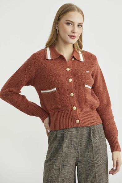 Polo Yaka Düğmeli Triko Hırka - Taba - Resim 3