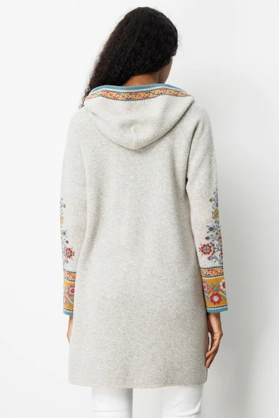 25056 DESEN TRİKO KOLU KAPŞONLU KİLİM JAKARLI REGLAN KOL FERMUARLI UZUN PÜSKÜLLÜ KABAN - Resim 10