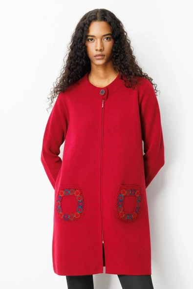 25023 DESEN DİK YAKA CEBİ TIĞLAMALI UZUN YÜN TRİKO KABAN - Resim 4