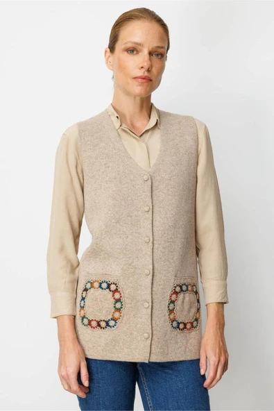 25020 DESEN V YAKA CEBİ TIĞLAMALI YÜN TRİKO YELEK - Resim 9