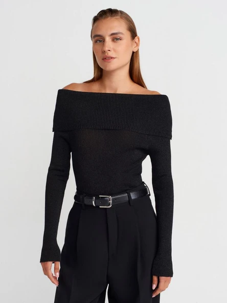 10808 DİLVİN BARDOT YAKA FİTİLLİ SİMLİ TRİKO KAZAK ürün görseli