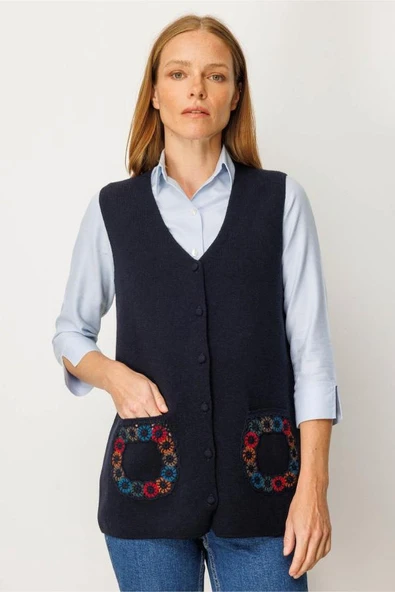 25020 DESEN V YAKA CEBİ TIĞLAMALI YÜN TRİKO YELEK - Resim 2