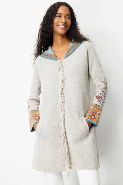 25056 DESEN TRİKO KOLU KAPŞONLU KİLİM JAKARLI REGLAN KOL FERMUARLI UZUN PÜSKÜLLÜ KABAN - Resim 6