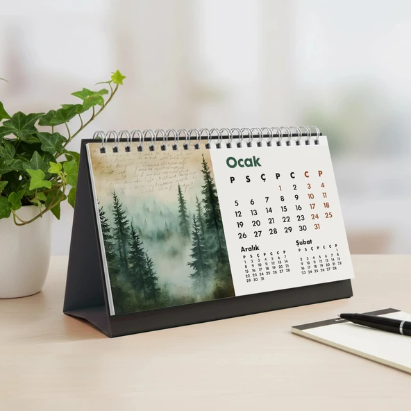 2026 Orman Masa Takvimi | Üç Aylık Takvim - Önceki Ay Sonraki Ay | Doğa ve Ağaç İllüstrasyonları | Minimal Ofis ve Ev De - Resim 10