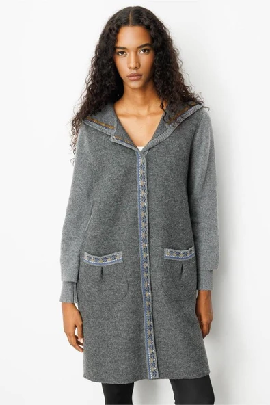 25019 DESEN TRİKO BANTLARI JAKARLI ÖNÜ KEÇE KAPŞONLU ÇITÇITLI UZUN KABAN - Resim 2