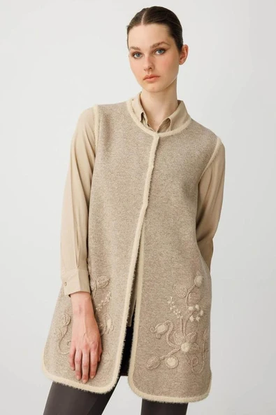 25014 DESEN TRİKO ÖNÜ YAPRAK ÇİÇEKLİ AFRODİT SALLAMA BANTLI ÇITÇITLI  S YAKA UZUN YELEK - Resim 4