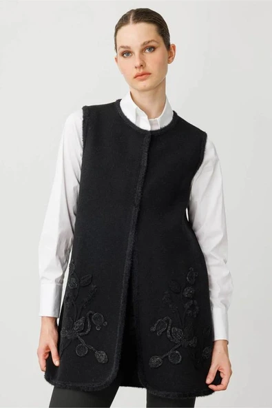 25014 DESEN TRİKO ÖNÜ YAPRAK ÇİÇEKLİ AFRODİT SALLAMA BANTLI ÇITÇITLI  S YAKA UZUN YELEK - Resim 3