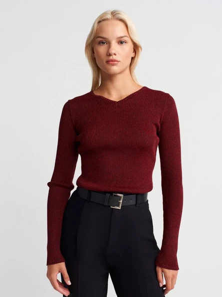 10803 DİLVİN V YAKA SİMLİ TRİKO KAZAK - Resim 3