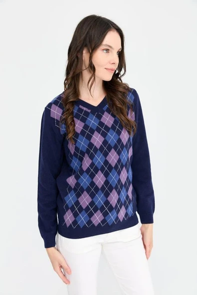 24034 DESEN V YAKA BAKLAVALI YÜN TRİKO KAZAK - Resim 4