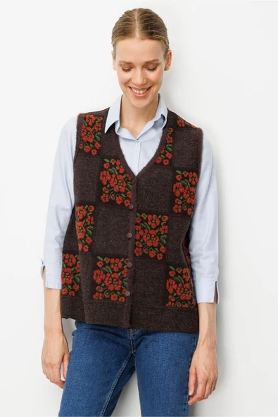 24084 DESEN TRİKO PITIRCIK ÇİÇEKLİ PATCHWORK KEÇE YELEK - Resim 5