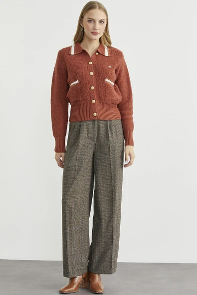 Polo Yaka Düğmeli Triko Hırka - Taba - Resim 2