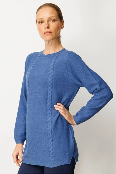 25266 DESEN TRİKO YANI YIRTMAÇLI ÖNÜ VEREV SAÇLI PİRİNÇ ÖRGÜ BAYAN BLUZ - Resim 12