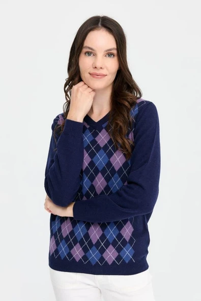 24034 DESEN V YAKA BAKLAVALI YÜN TRİKO KAZAK - Resim 2