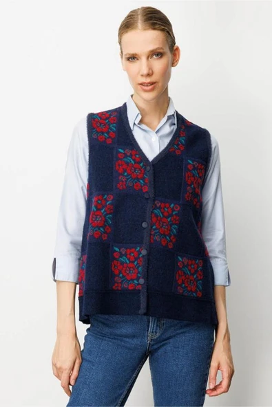 24084 DESEN TRİKO PITIRCIK ÇİÇEKLİ PATCHWORK KEÇE YELEK - Resim 9