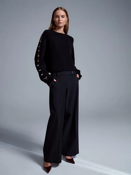 72196 DİLVİN ÇAPRAZ BEL GENİŞ PAÇA PANTOLON ürün görseli