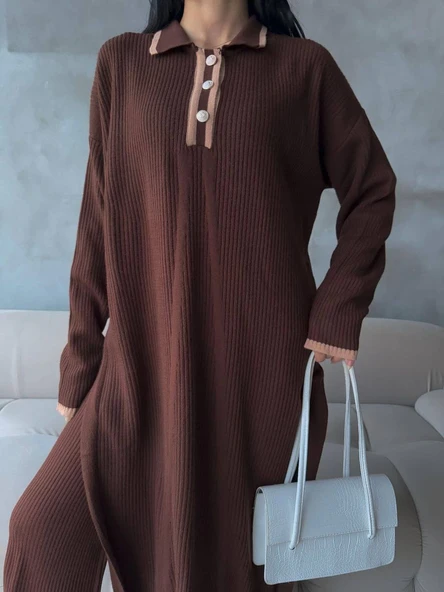 Pantolon yırtmaçlı elbise ikili triko takım kahve elf - Resim 2