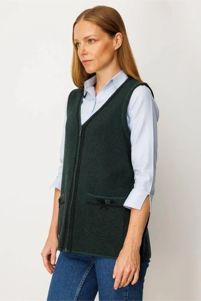 25030 DESEN TRİKO V YAKASI CEBİ KORDENE NAKIŞ İŞLEMELİ FERMUARLI KISA YELEK - Resim 10