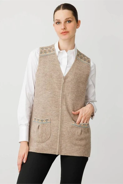 25017 DESEN TRİKO ÖNÜ YAPRAK ÇİÇEKLİ AFRODİT SALLAMA BANTLI ÇITÇITLI  S YAKA UZUN YELEK - Resim 2