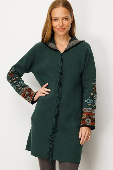 25056 DESEN TRİKO KOLU KAPŞONLU KİLİM JAKARLI REGLAN KOL FERMUARLI UZUN PÜSKÜLLÜ KABAN - Resim 2